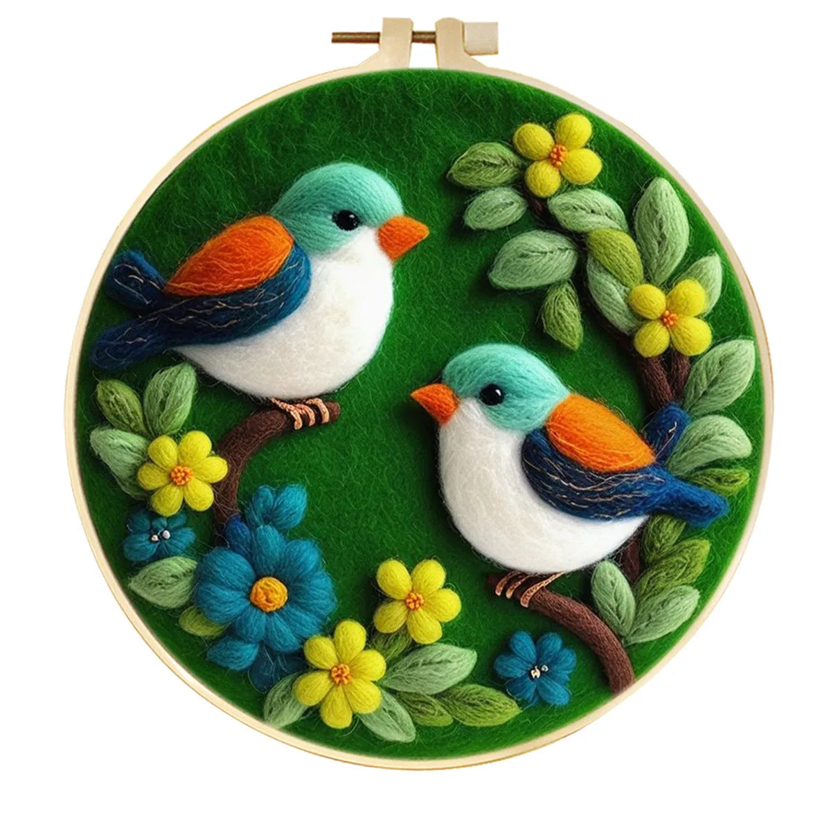 Round linen embroidery frame with wool felt floral decoration kit for three-dimensional wall art