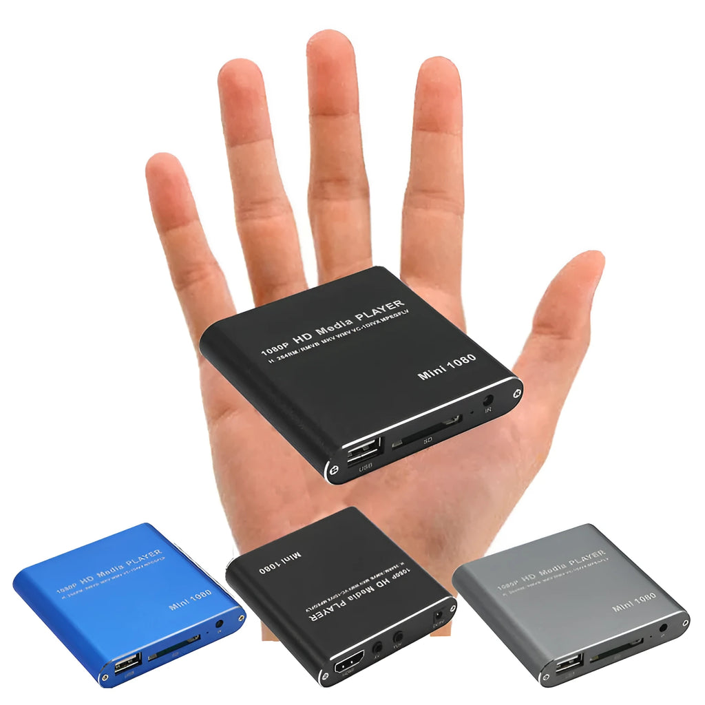 Compact black 1080P HDMI media player with USB and SD card slots