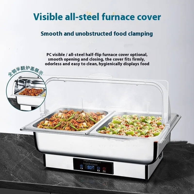 Stainless steel electric buffet stove with transparent flip lid showing LCD temperature control
