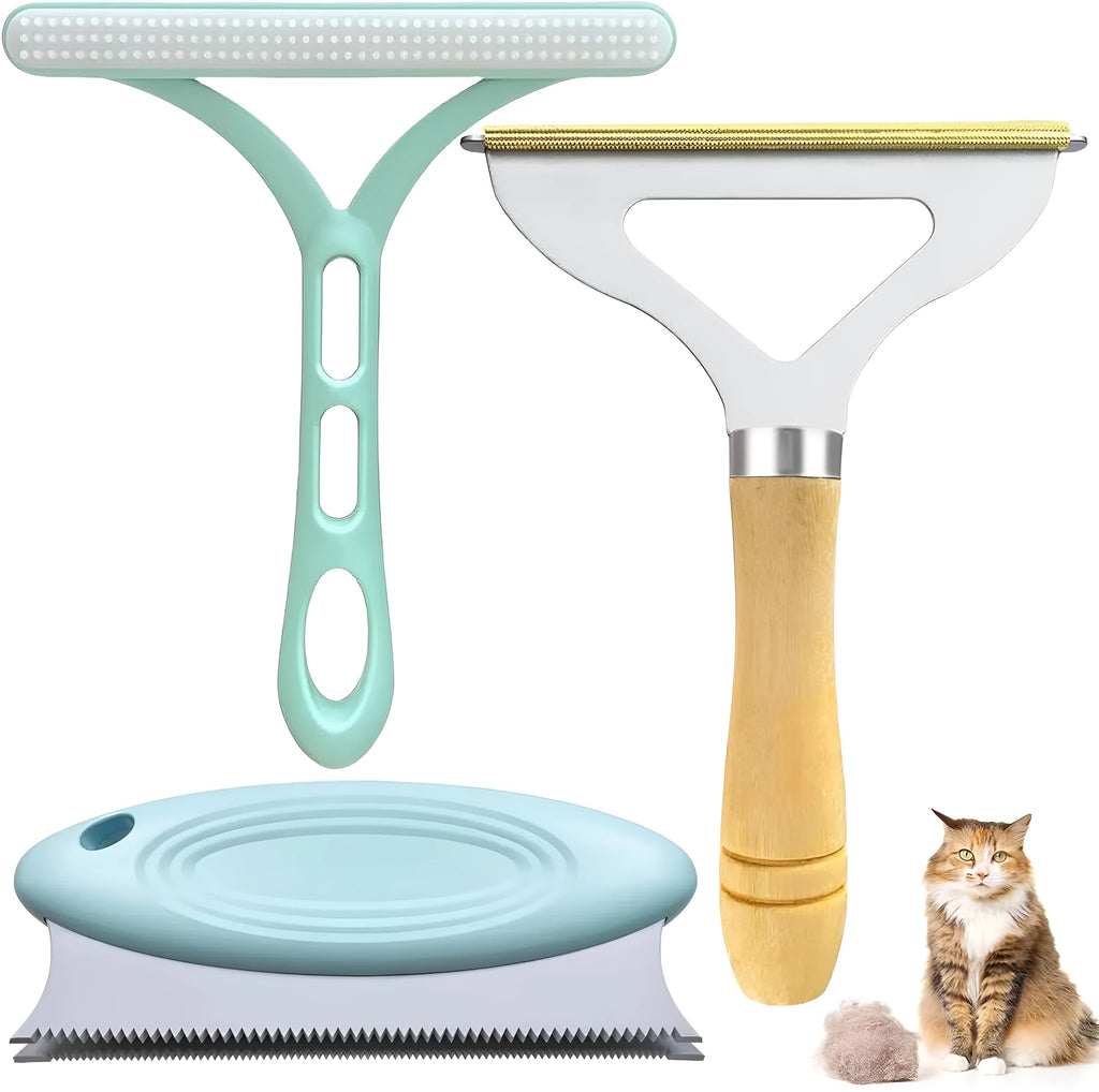 Three-piece pet hair remover set showing metal lint tool, silicone brush, and round sticky surface cleaner