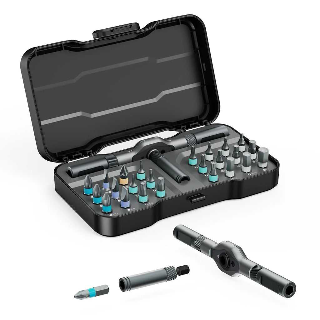 24-in-one ratchet screwdriver set with magnetic bits, stainless steel handle, and S2 CRV cutter heads for household and phone repairs