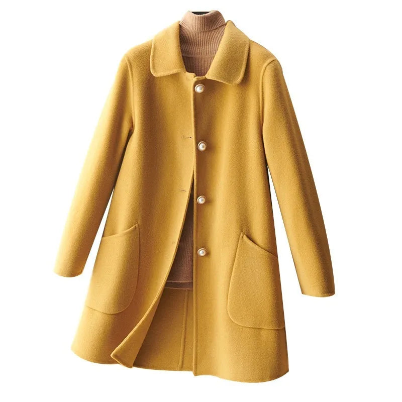 Women's double-faced wool coat with doll collar and pearl buckle in mid-length cut