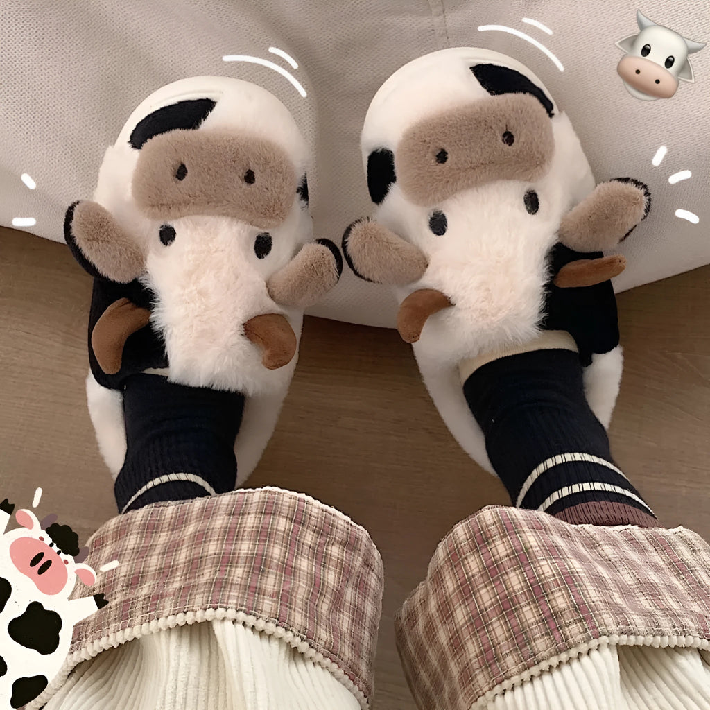 White cow plush slippers with cartoon milk cow pattern and non-slip textured sole