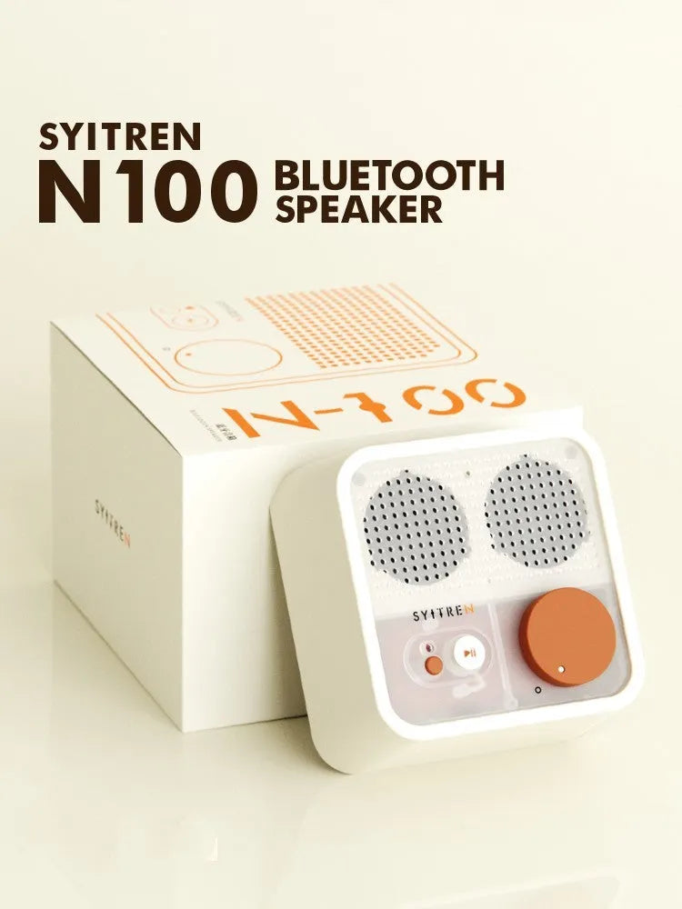 Mini retro Bluetooth speaker in Milk White with compact design, 105mm x 105mm x 50mm