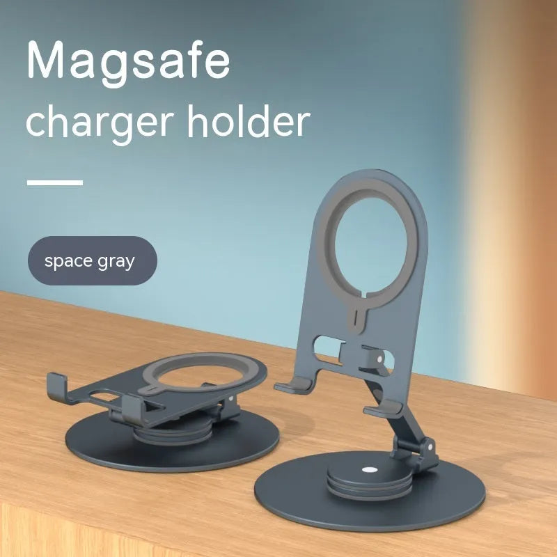 Desktop adjustable wireless charging stand with rotary arm in silver, alloy construction