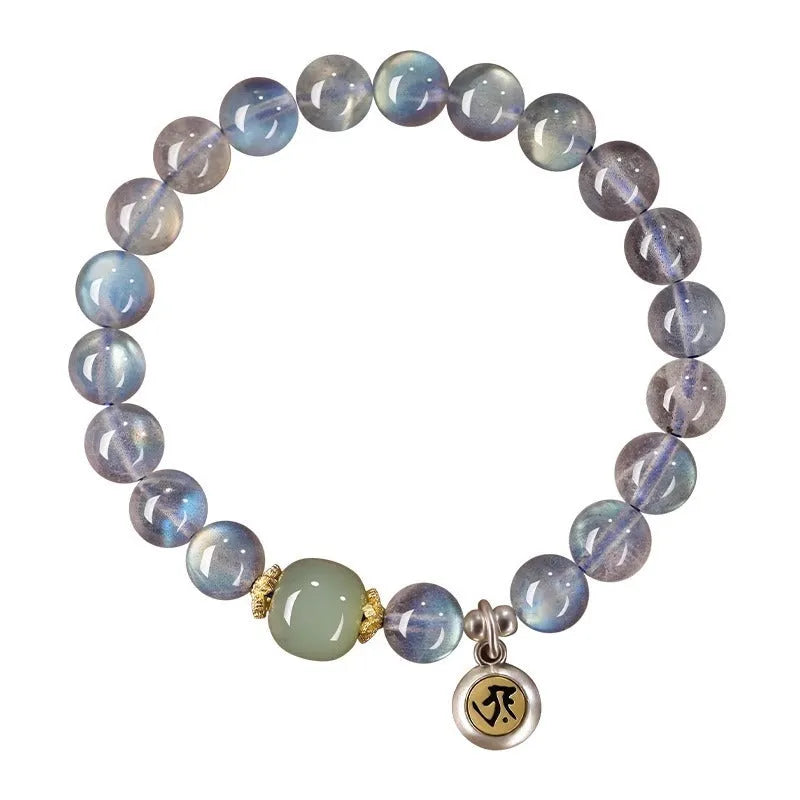 8mm moonstone women's bracelet with Thousand-Hand Kwan-yin mouse zodiac design and electroplated finish