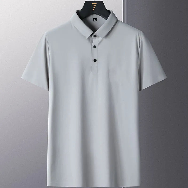 Men's solid colour non-iron short sleeve business shirt in nylon fabric on a hanger.