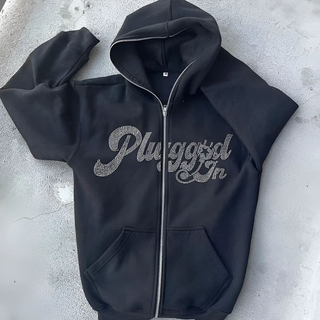 Men's black loose fit hoodie cardigan with letter print and rhinestone detail, zip-up polyester sweater