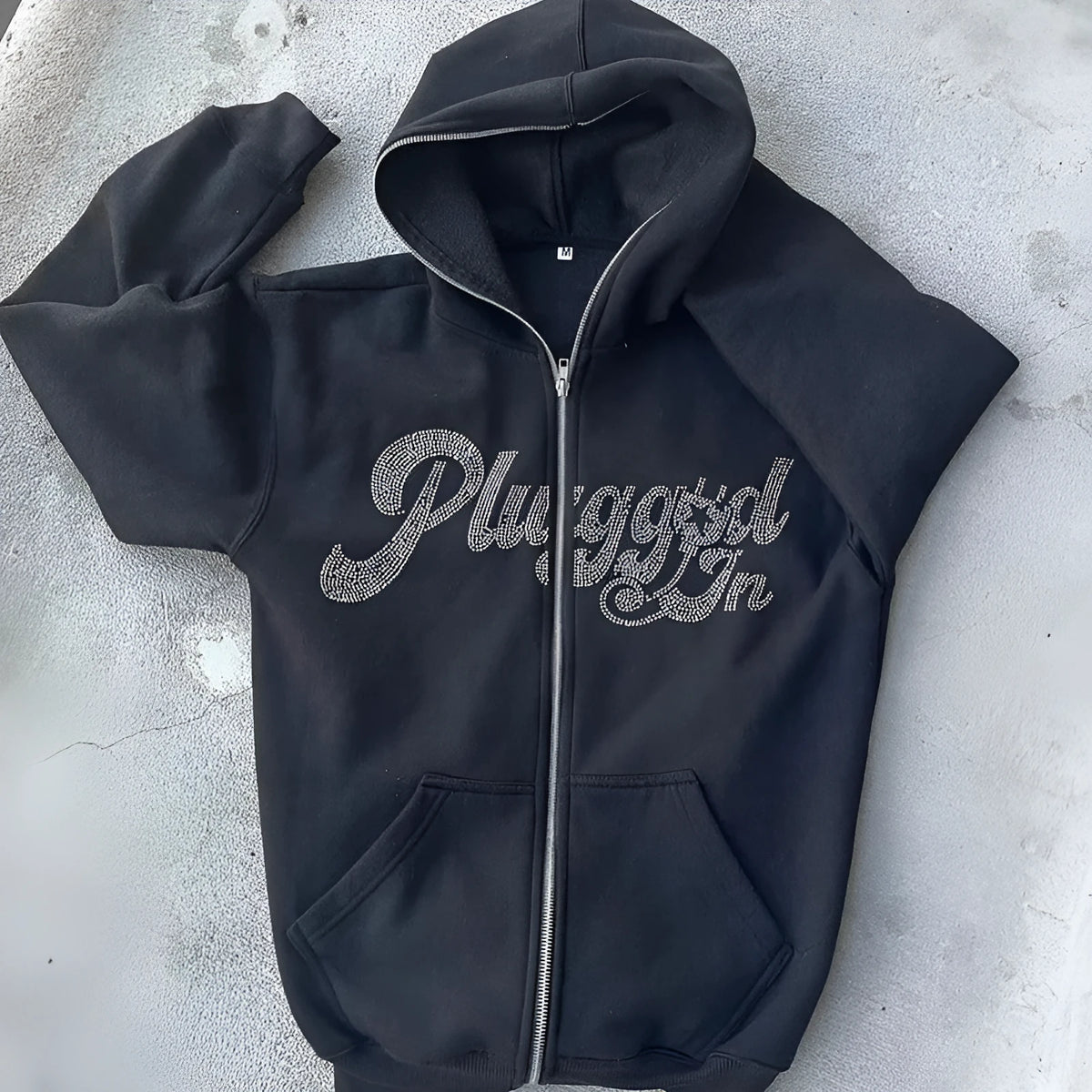Men's black loose fit hoodie cardigan with letter print and rhinestone detail, zip-up polyester sweater
