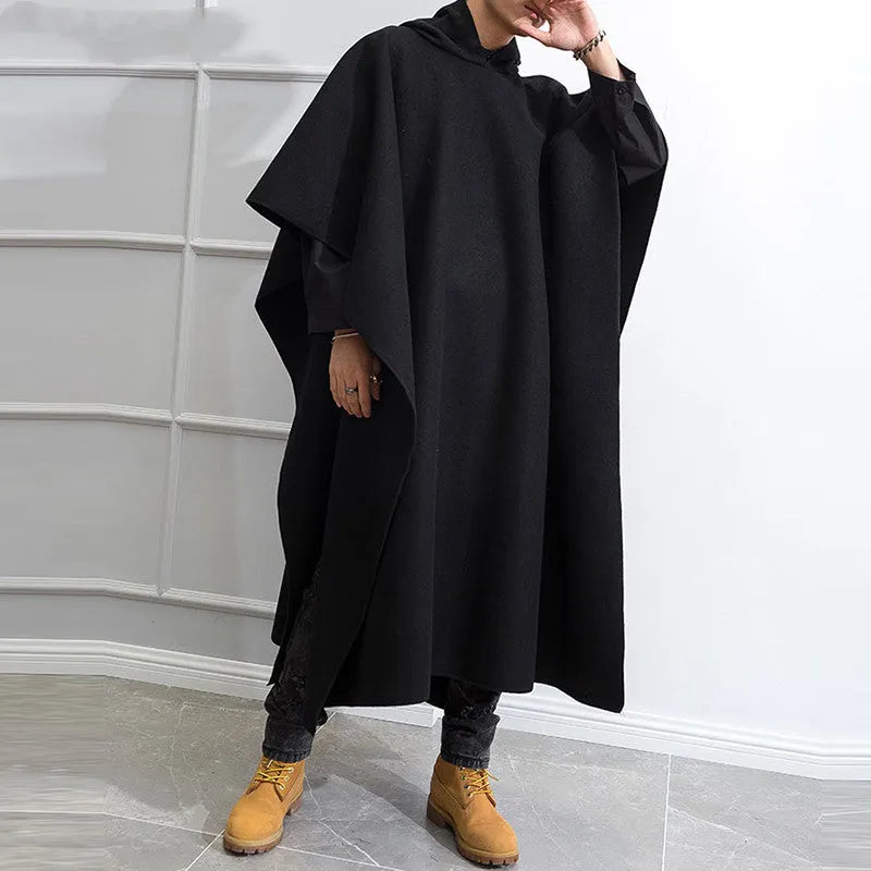 Men's black hooded cloak coat with loose punk streetwear design, front view