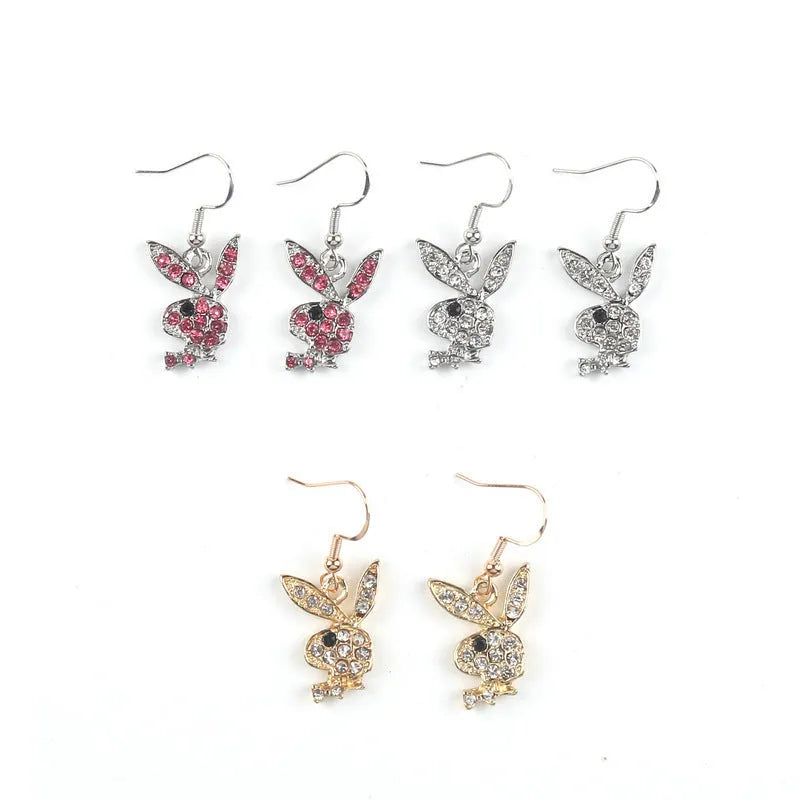 Rabbit stud earrings in alloy, full diamond finish, silver pink and gold, 1 pair