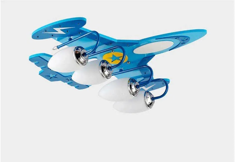 Children's wooden airplane cartoon LED ceiling light with rectangular glass shade
