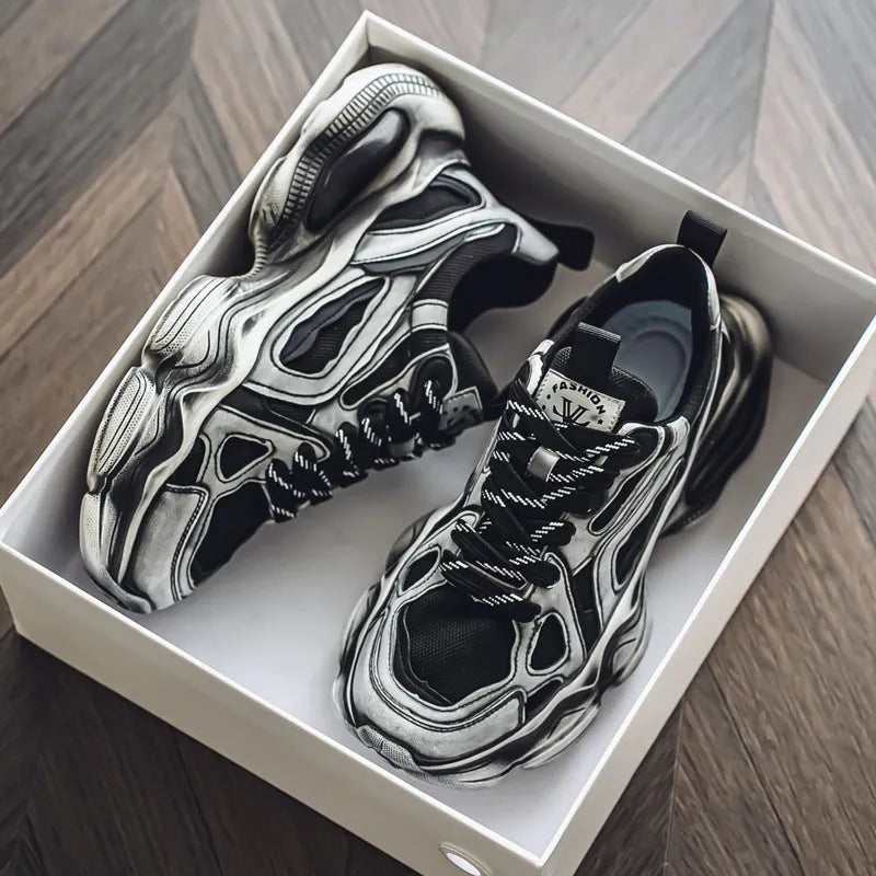 Men's black mesh sneaker with platform sole and lace-up front.