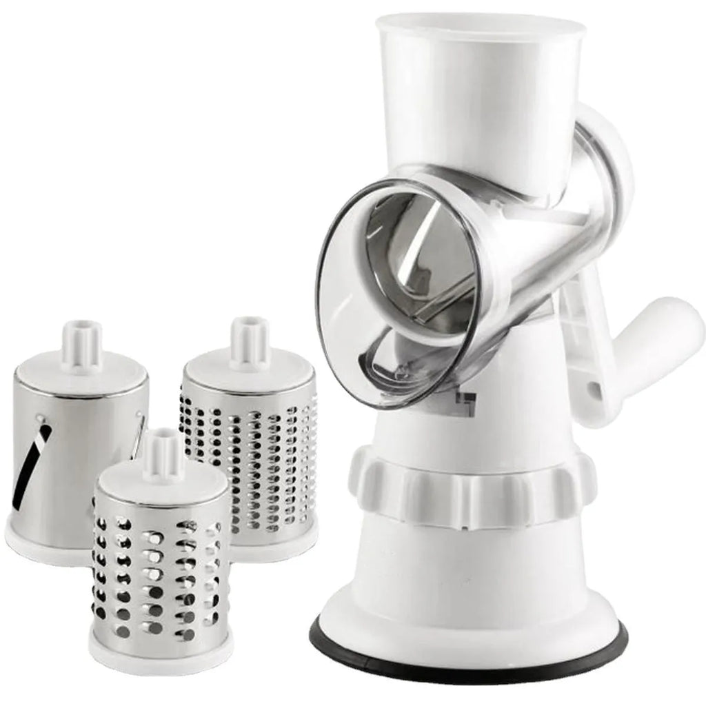 3 In 1 manual vegetable slicer in white BPA-free plastic with stainless steel blades and suction feet