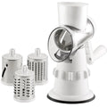 3 In 1 manual vegetable slicer in white BPA-free plastic with stainless steel blades and suction feet