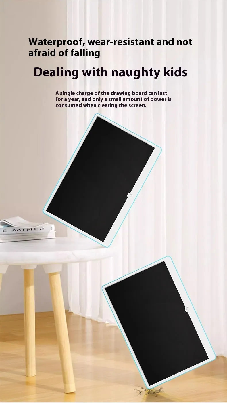 19-inch LCD drawing board for kids with blue and white frame on a wooden table.