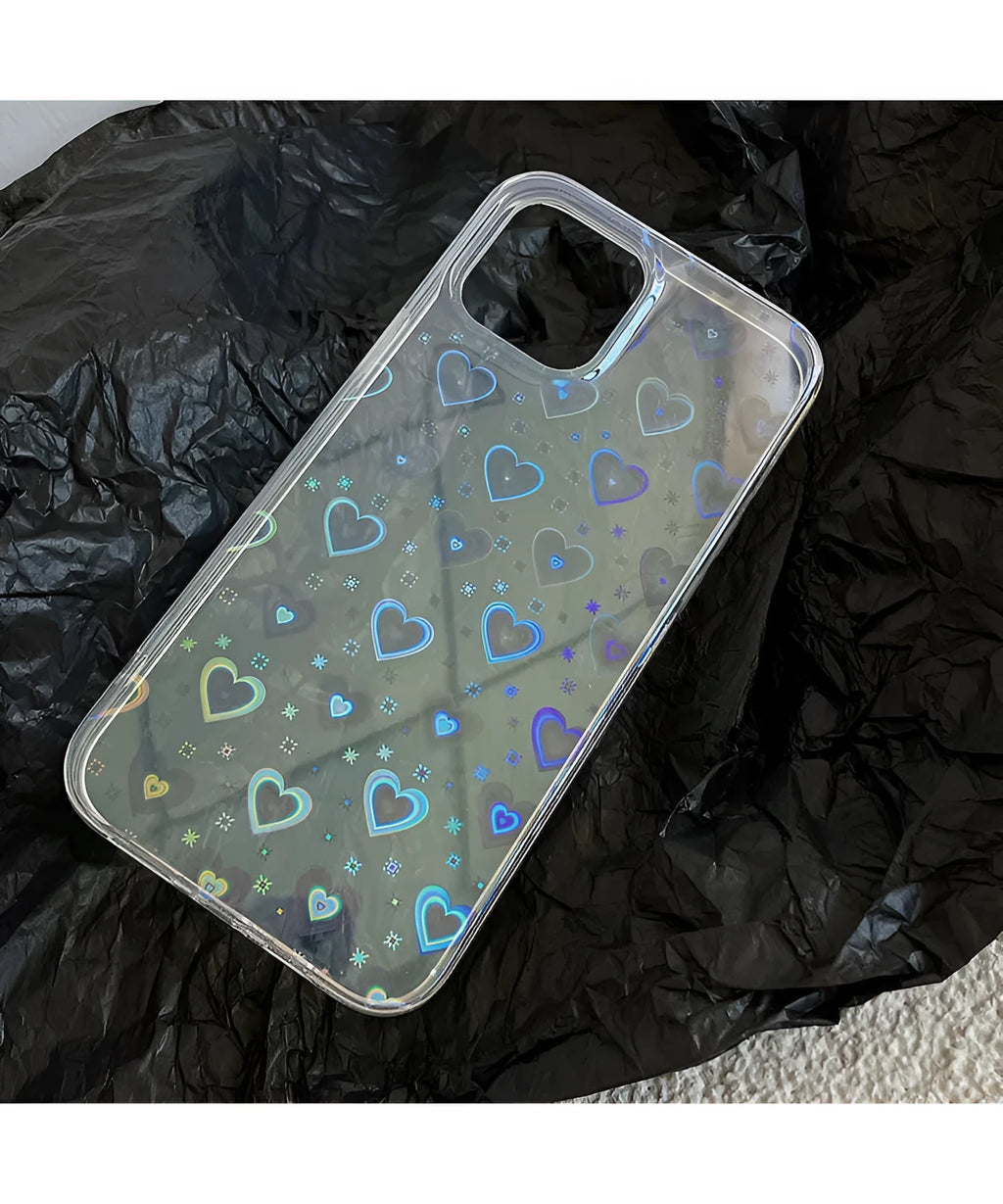 Transparent phone back cover with laser-etched colourful double love design, compatible with multiple iPhone models