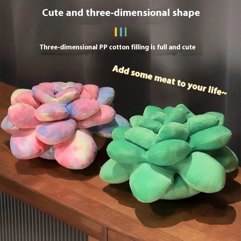 Cartoon succulent plush toy in green or tie dye, 35cm or 45cm, shown as a plant-shaped pillow