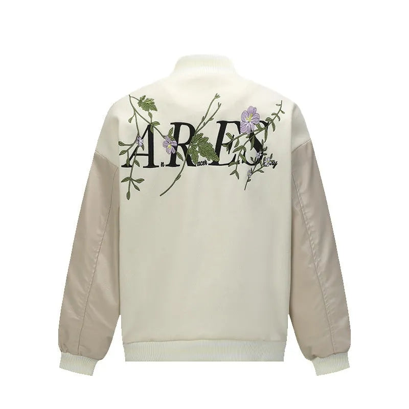 Men's American retro solid colour polyester coat with plant flower embroidery, loose fit, side seam pockets, available in black and apricot