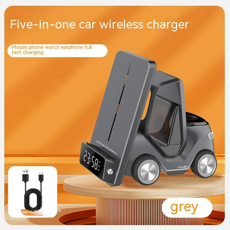 Grey triple wireless charging bracket mounted on a car air vent, charging a phone, smartwatch, and earbuds.