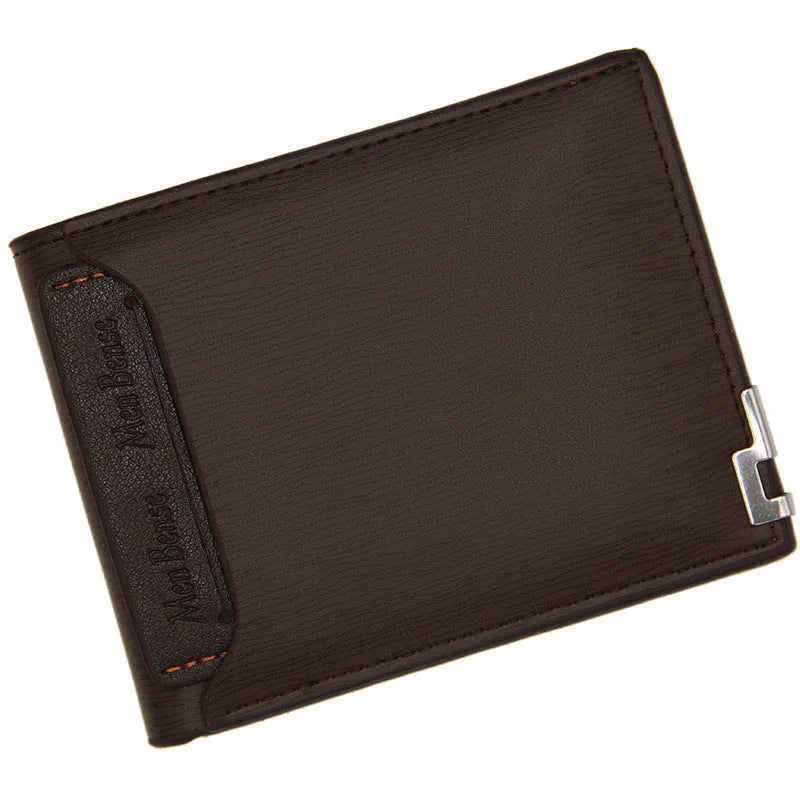 Men's black PU leather short wallet with iron-edge detailing and card-picking feature