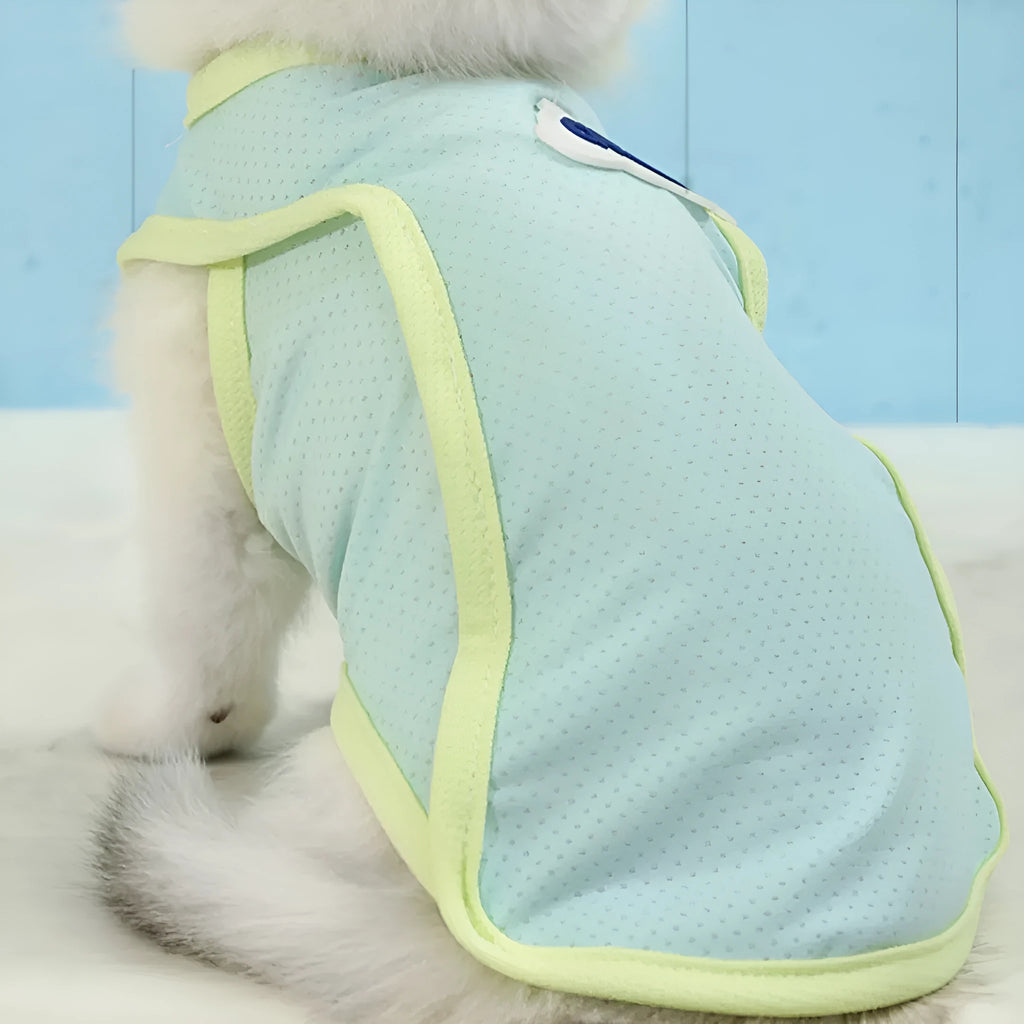 Grass green sleeveless vest for a cat, made from thin polyester fabric with a sporty fit.