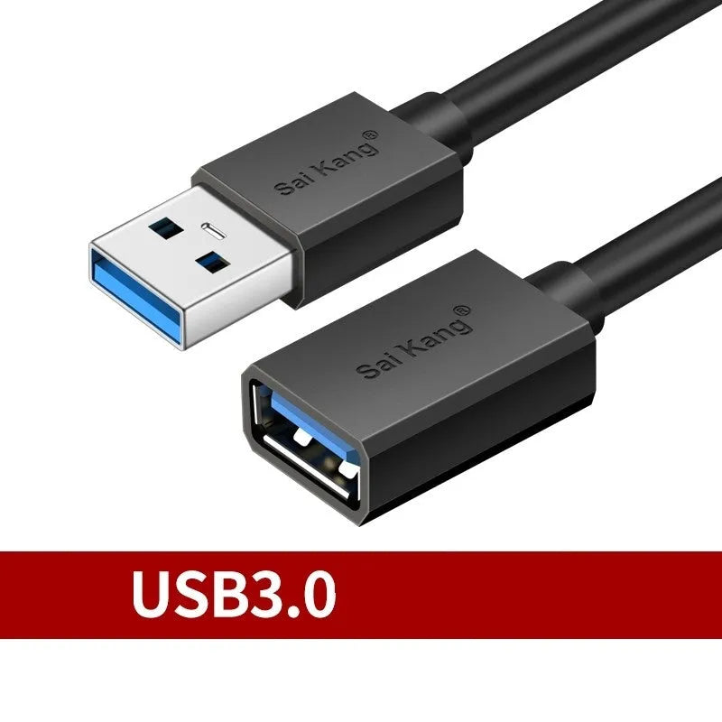 Black USB 3.0 and 2.0 male to female extension cable with aluminium foil and mesh shielding shown at various lengths.