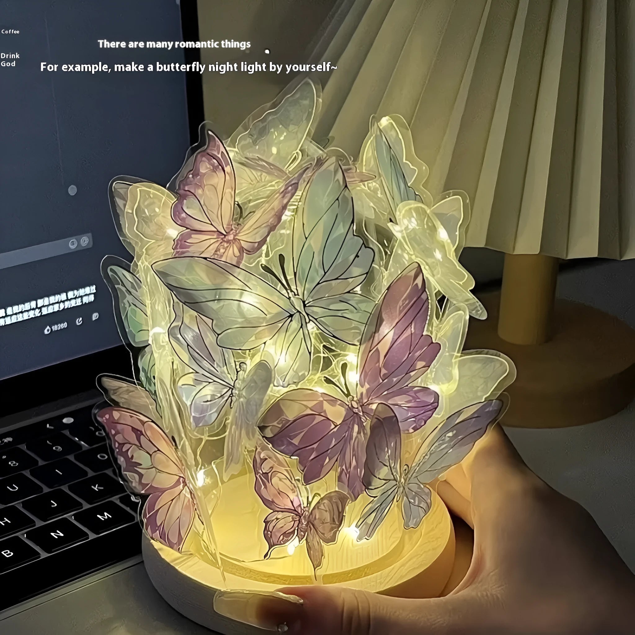 DIY butterfly night lamp kit with glass shade and raw wood base, 12x15cm size