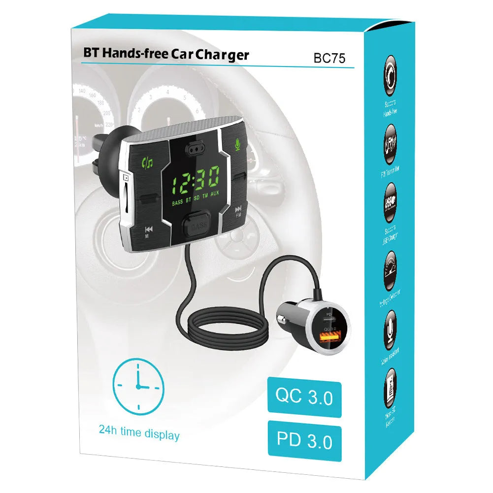 Car FM transmitter music player with Bluetooth and 1.2 inch display, black ABS, 148g gross weight