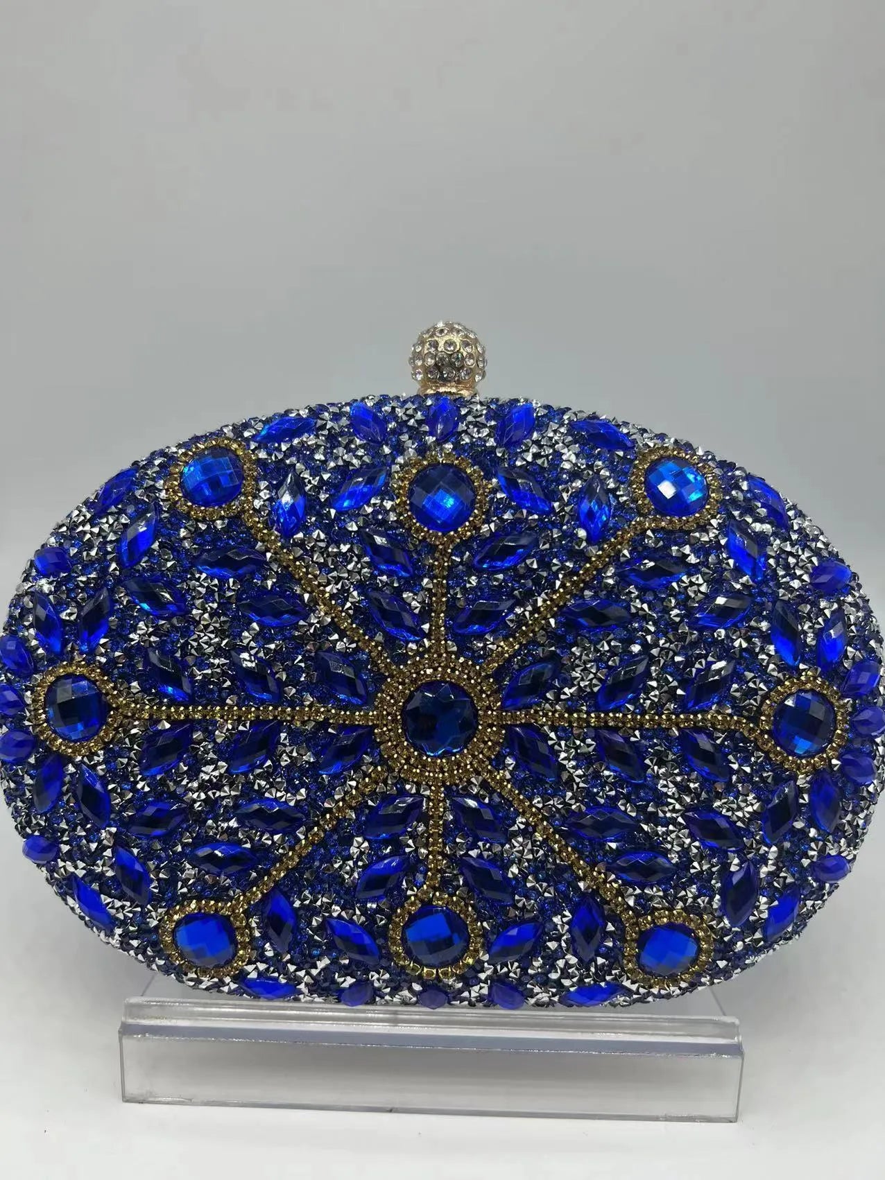 Gold hardware and rhinestone banquet handbag with structured retro design measuring 20cm wide