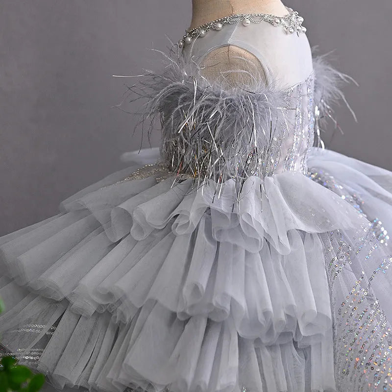 Light grey tulle tutu flower girl dress in polyester with princess element, sizes 80cm to 150cm