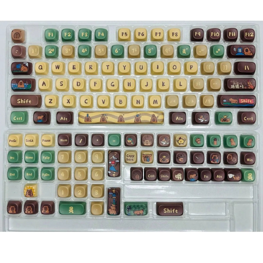 Capabala PBT Girl MOA height 130-key mechanical keyboard keycap set laid out, showing colourful design.