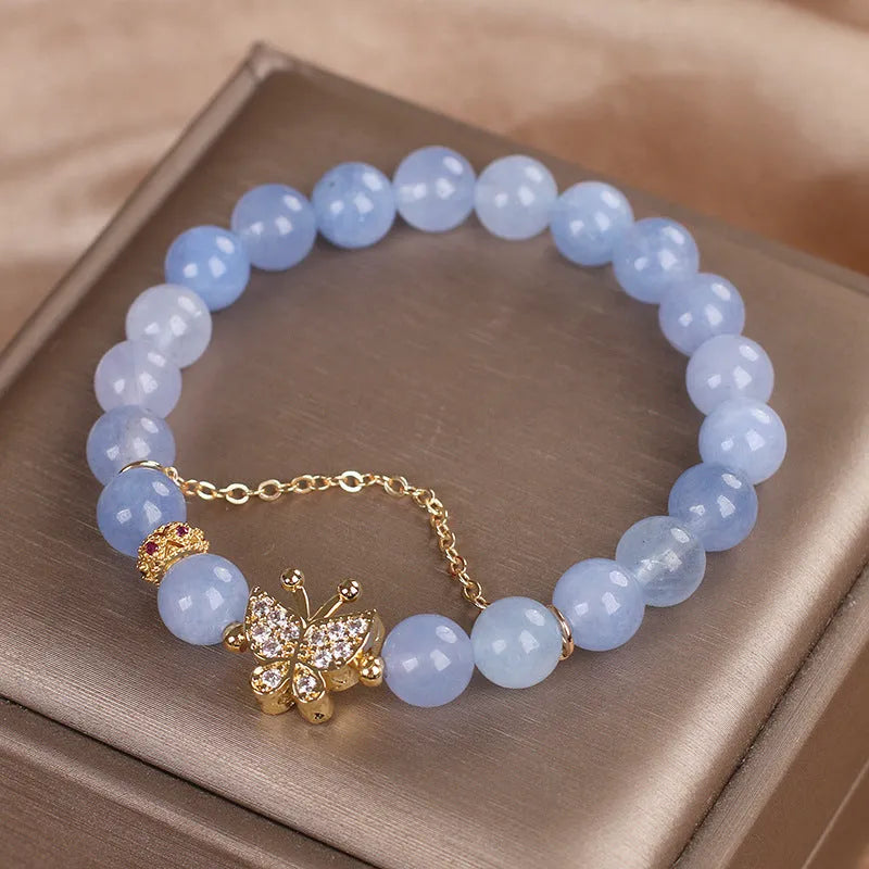 Sky blue aquamarine butterfly crystal bracelet for women with pearls, rhinestones and sequins
