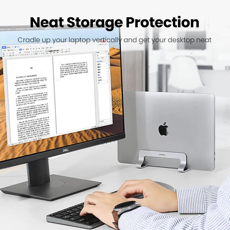 Silver aluminium alloy laptop cooling bracket with width adjustment slots for vertical notebook stands