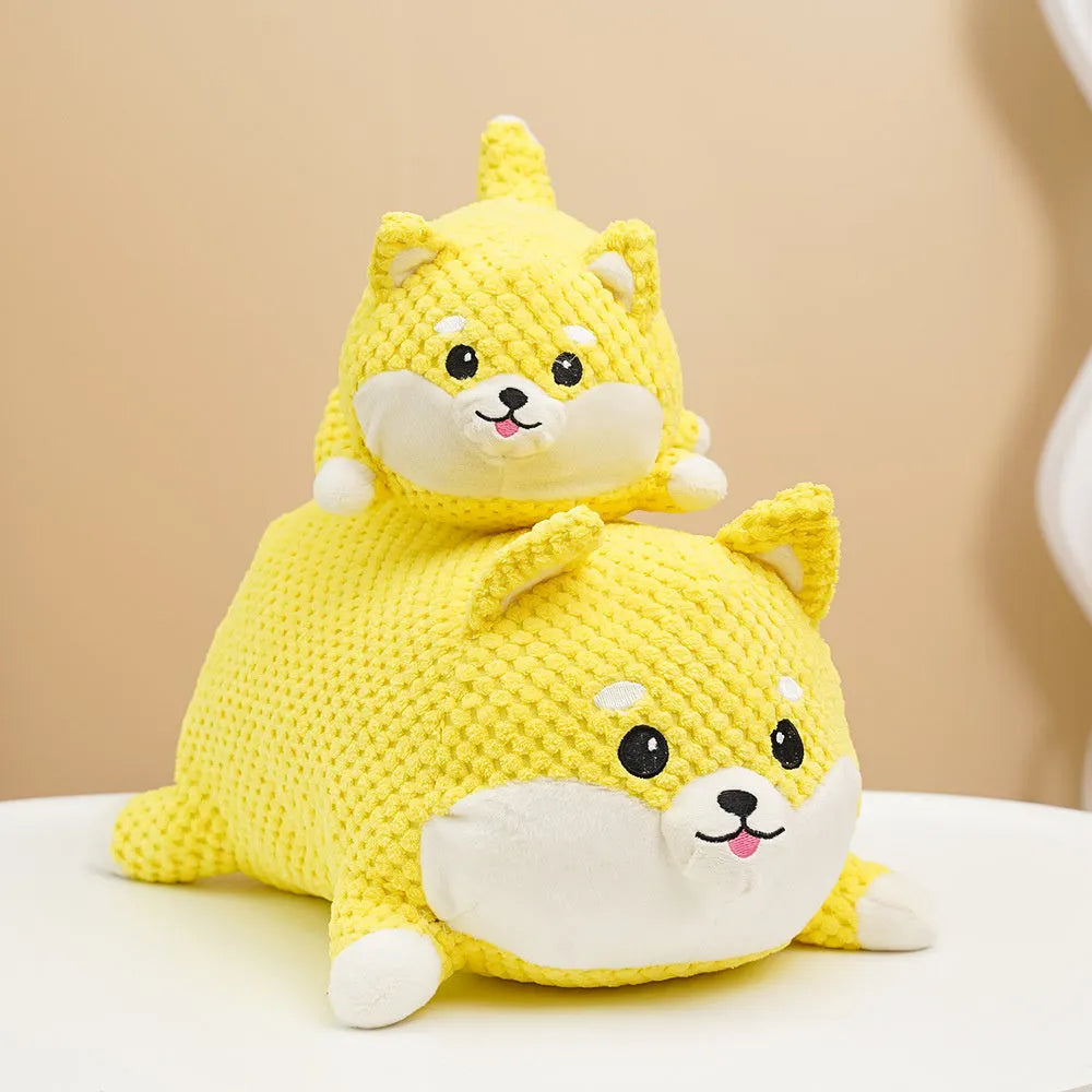 Plush dog toy with bite-resistant fabric and squeaker for puppy teeth cleaning in large and medium sizes