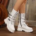 Black women's mid-calf boots with metal buckles and a side zipper on a white background.