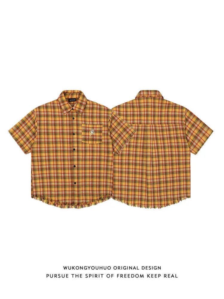 Yellow grid plaid short sleeve shirt with embroidered pocket, loose fit design for men and women