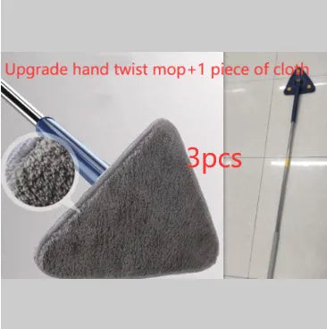 Extendable blue triangle mop with 360 rotating head and automatic water squeezing mechanism