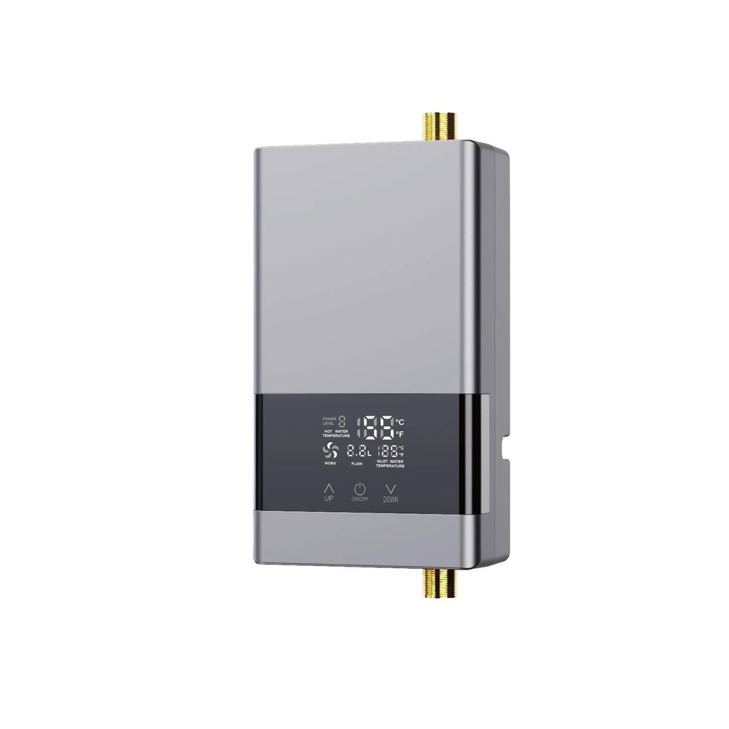 Portable instant electric water heater unit with LED touch screen display in gold, silver, or white finish.