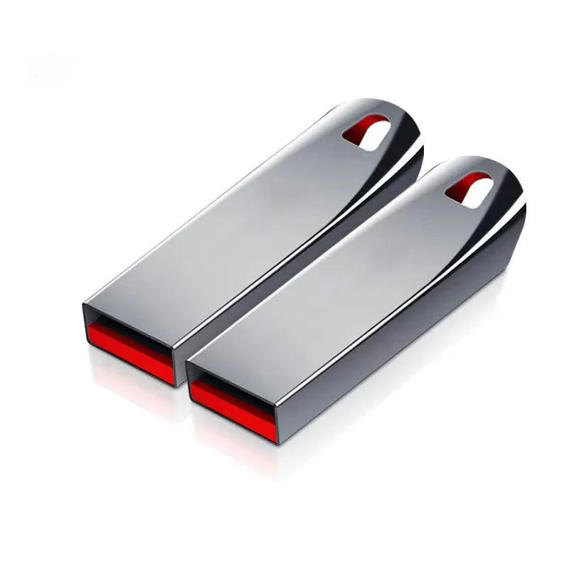 Silver metal USB 2.0 flash drive with large capacity up to 2TB shown on a white background.