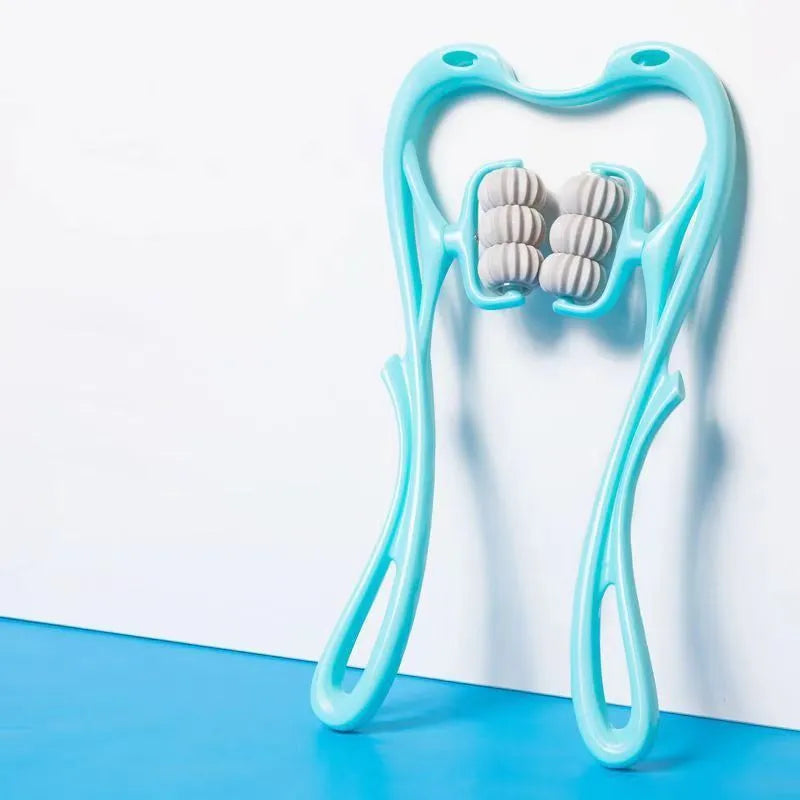 Blue six-wheel electric neck and shoulder massager with U-shaped plastic body on a white background.