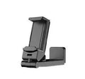 Foldable rotating universal mobile phone holder in black, shown open and closed, on a desk.