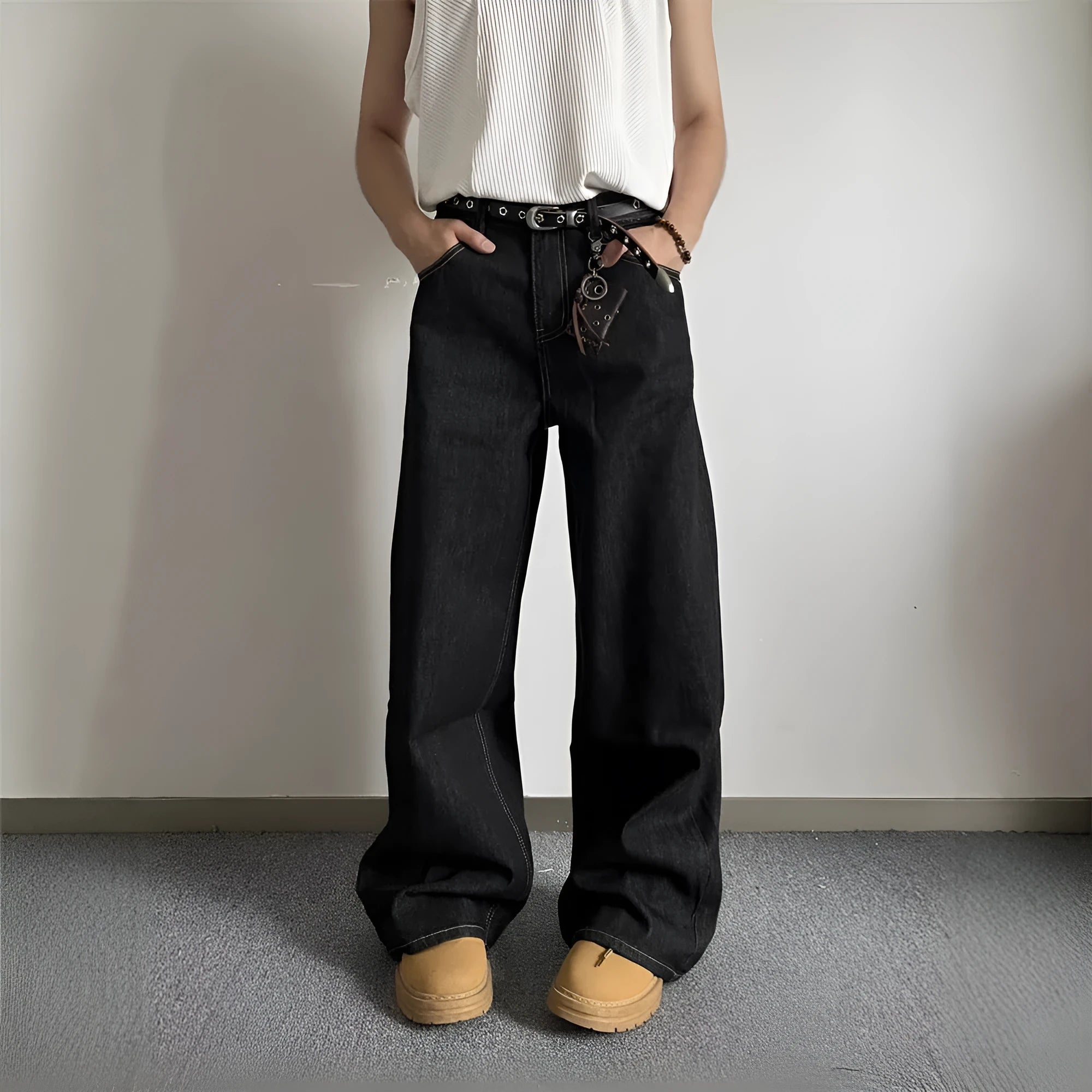 Black retro wide-leg straight jeans with mid-waist design and zip closure