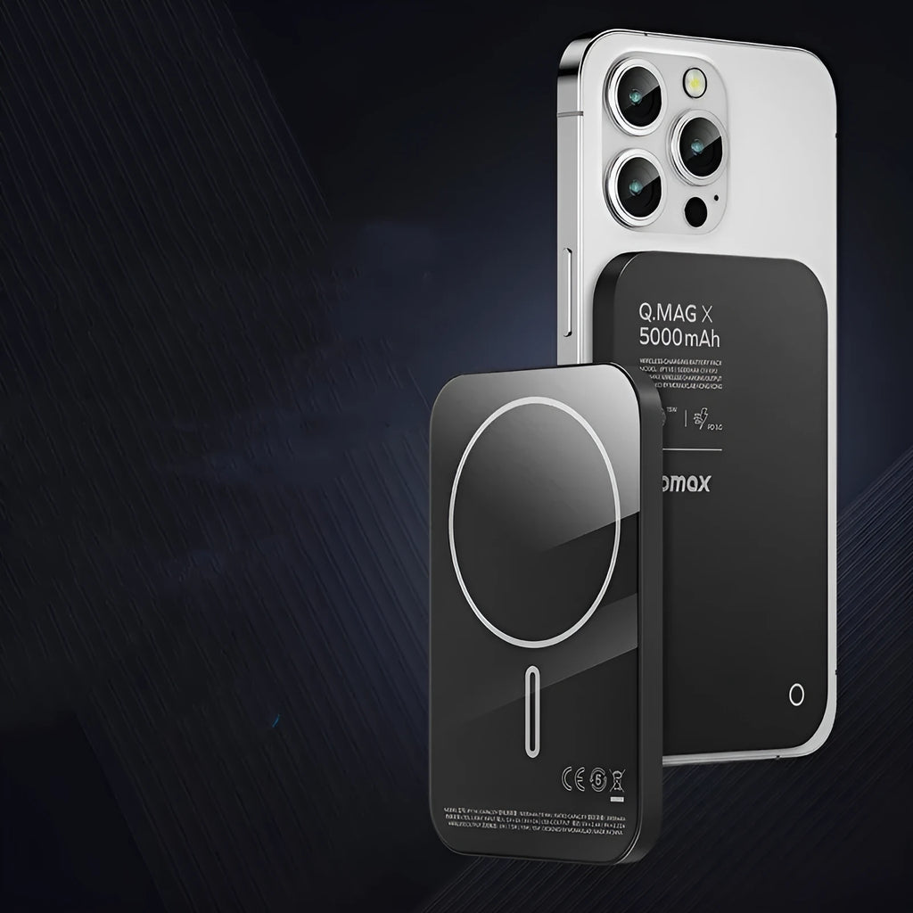 Black and titanium gold magnetic wireless power bank with alloy shell showing capacity options.