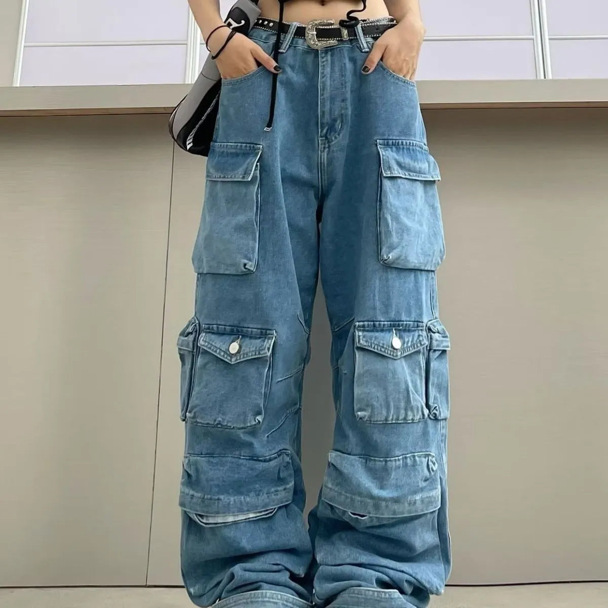 Women's high waist wide leg trousers with tie-dyed pattern and multiple pockets