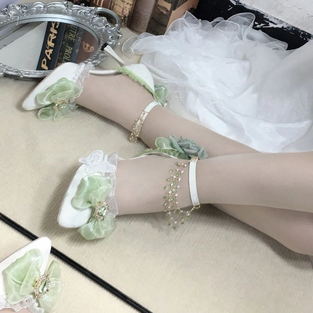 Handmade flower bow PU short stout heel wedding high heels round toe in white