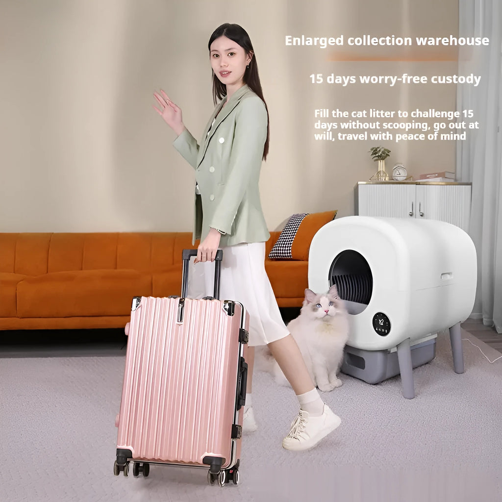 Automatic self-cleaning cat litter box with large grey ABS plastic shell and sealed waste drawer