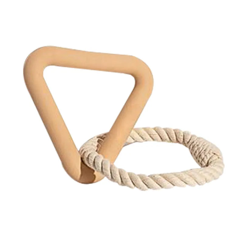 Triangular cotton rope dog pull toy in beige colour on wooden floor