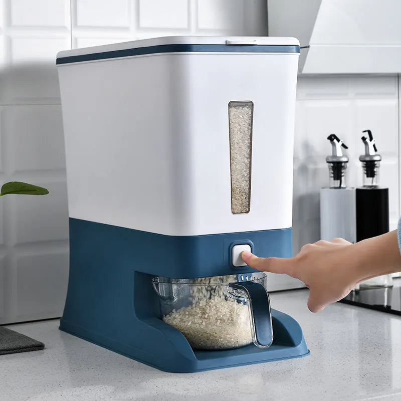 Automatic kitchen rice bucket 5L to 6L PP plastic dispenser in black, blue, or grey