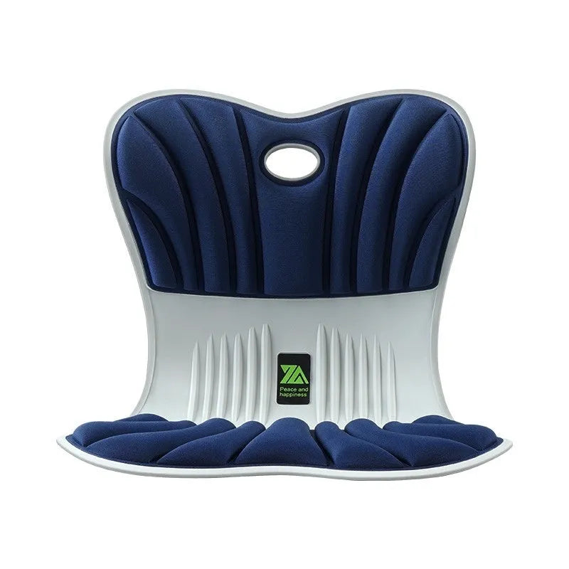 Grey ergonomic office seat cushion for waist support and posture correction on a chair.